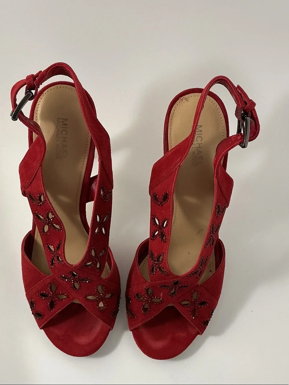 Michael Kors Red Suede Slingback Heels with Cutout & Bead Detail